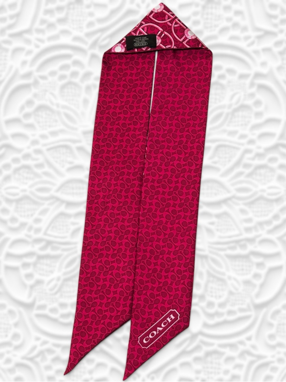 COACH Buckles & Buttons Mini Signature C Skinny Scarf 💯 Silk in Magenta/Red - Picture 3 of 6